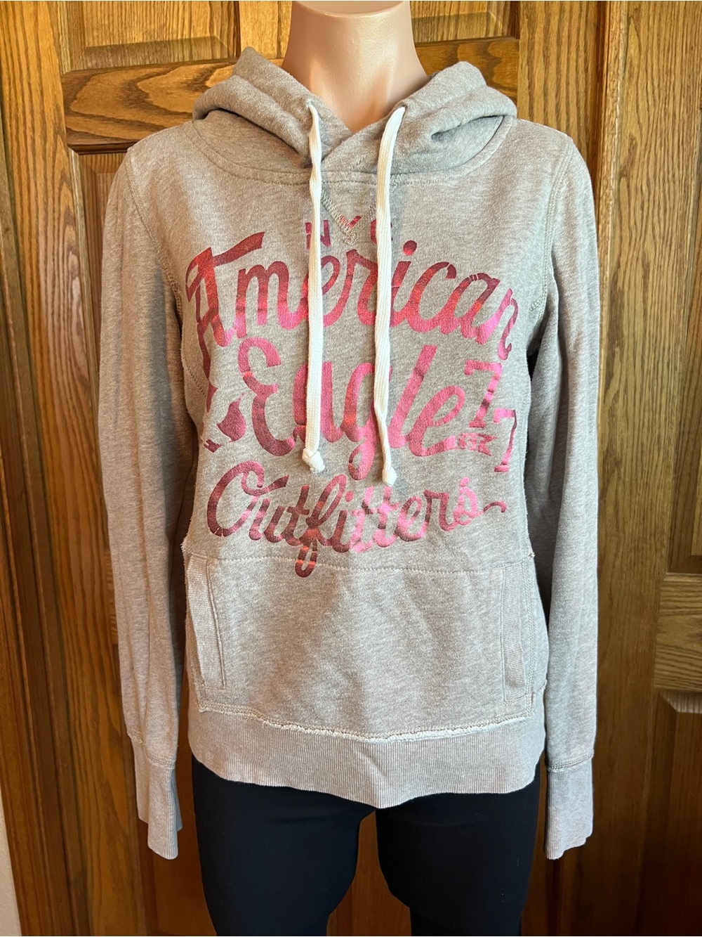 American Eagle Outfitters Heather Gray/Tan Hoodie with Pink Script Logo